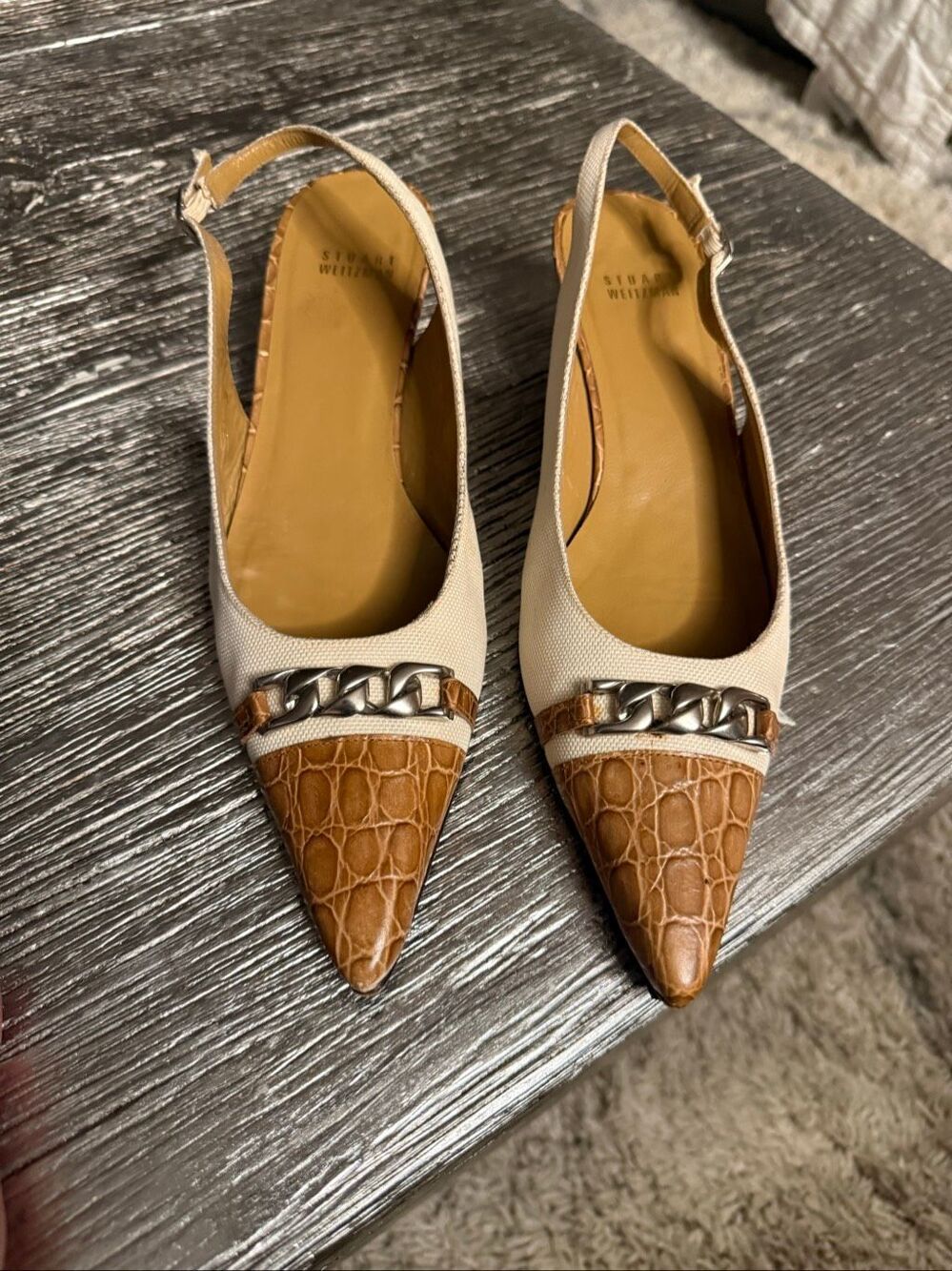 Stuart Weitzman Tan Croc & Canvas Pointed Toe Slingback Kitten Heels sz 8.5